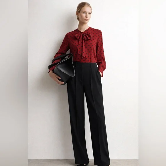 St John Silk Polka Dot Blouse Neck Tie Red Blue Size 12 - Picture 2 of 16